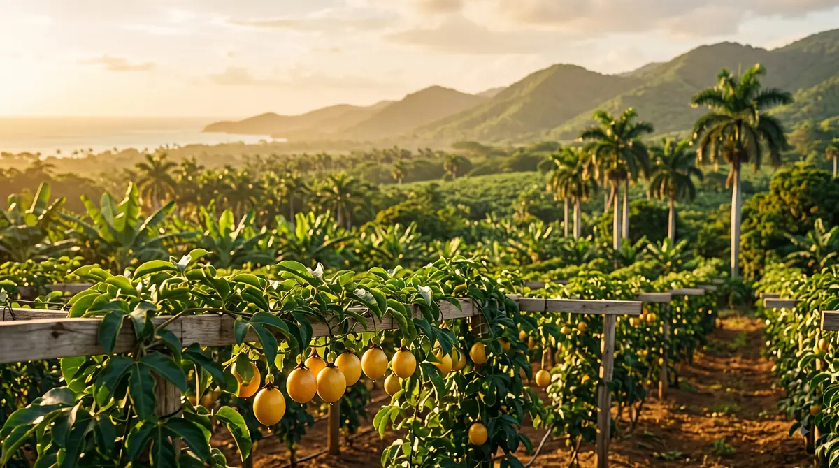 Cultivo de maracuyá al atardecer en el campo dominicano